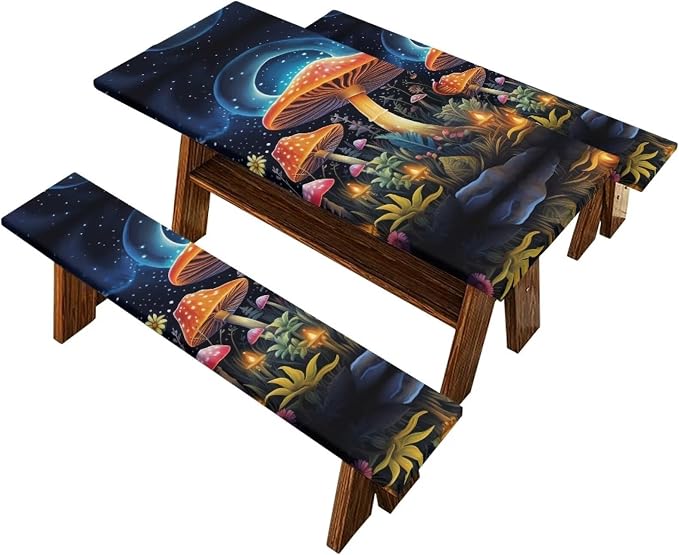 Mushroom Picnic Table Cover with Bench Covers Foldable Camping Table Covers for 6 Foot Tables 3 Pcs Picnic Table Bench Covers Camping Essentials for Camper, 94x30 Inches