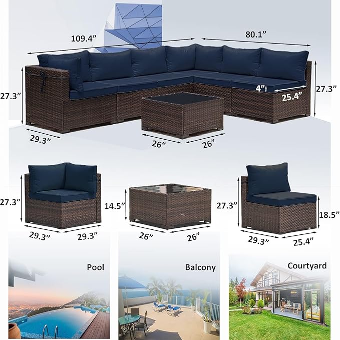 7 Pieces Outdoor Patio Furniture Sets,Wicker Conversation Set Sectional Sofa,Includes 6 All-Weather High Back PE Rattan Seating Components w/Thickened Cushions&Coffee Table,Navy