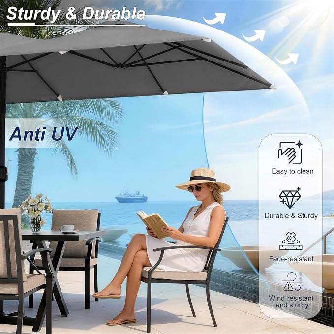 8 Pieces Patio Dining Set,Metal Outdoor Furniture Set Includes 13.6FT Grey Umbrella,Hole Cut-Out 78.7" x 35.4" Table and 6 Metal Backrest Chairs for Backyard,Garden,Brown