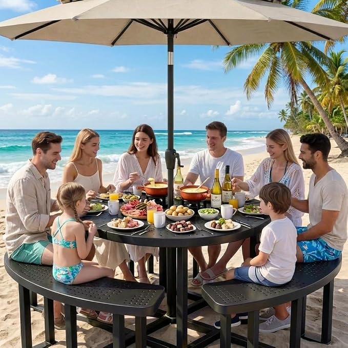DWVO 38" Round Metal Picnic Table with Umbrella Hole - Heavy Duty Q235 Carbon Steel Outdoor Table Set for Patio, Backyard, and Lawn - Industrial Steel Construction