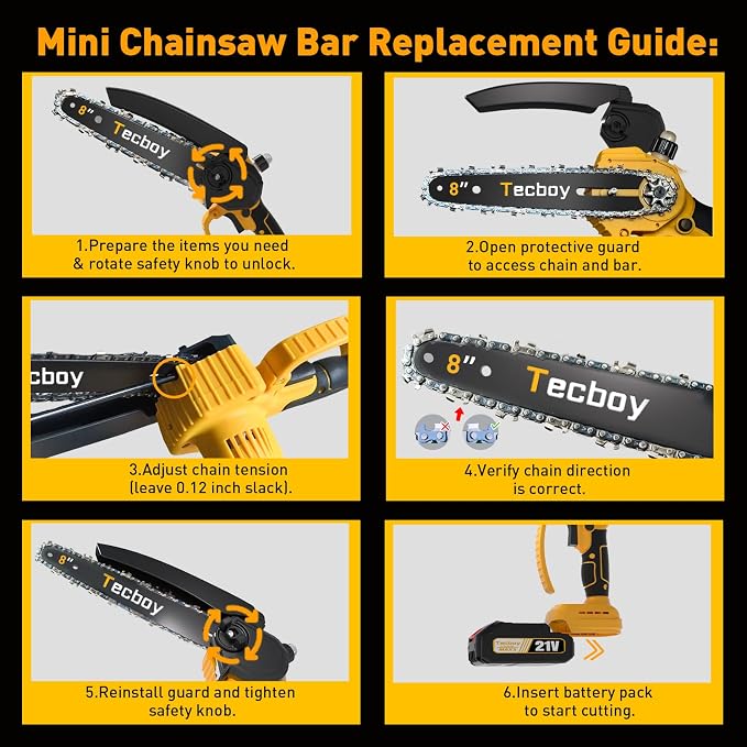 8 Inch Mini Electric Chainsaw Cordless, 6 Inch Portable Chain Saw for Makita 18V Battery Powered Saws Small HandHeld Saw with 2 Batteries Yard Tool Tree Trimming Wood Cutting Gifts Men Dad(GoldYellow)