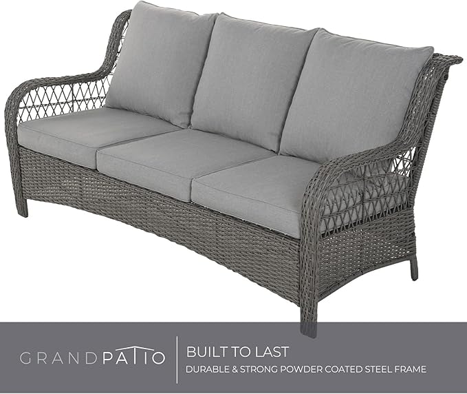 Grand patio Outdoor Furniture Set, 5-Piece High Back Open Weave Wicker Olefin Cushion Patio Seating Set, Patio Conversation Sets with 1 Three-Seat Sofa, 2 Chairs, 2 Ottomans, Forsythe Gray