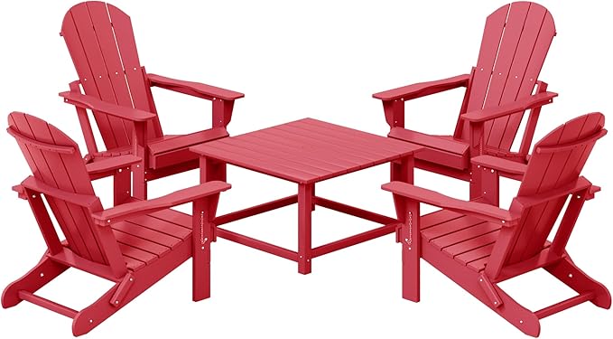 Costaelm Patio Conversation Set, 5 Piece Balcony Furniture, Small Patio Firepit Furniture Outdoor Adirondack Square Coffee Table and Chair for Backyard Lawn Porch Pool Garden, Red