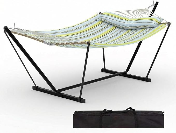 IDEALHOUSE 2-Person Hammock with Stand 450lbs Capacity Padded Polyester Heavy-Duty Steel Frame with Portable Carry Bag for Patio Backyard Poolside (Light Blue Green Stripe)