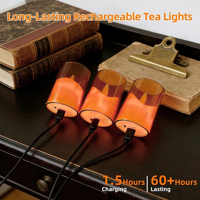 Rechargeable Acrylic Flameless LED Tea Lights with Timer, Flickering Warm Glow Votive Candles, Remote Battery Operated Set for Holiday & Daily Table Decor (Set of 6, Amber)