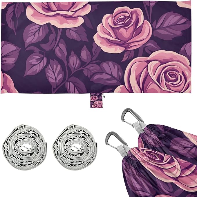 Purple Roses Blooms Camping Hammocks Rope Hammock for Patio Backyard Lounge Base