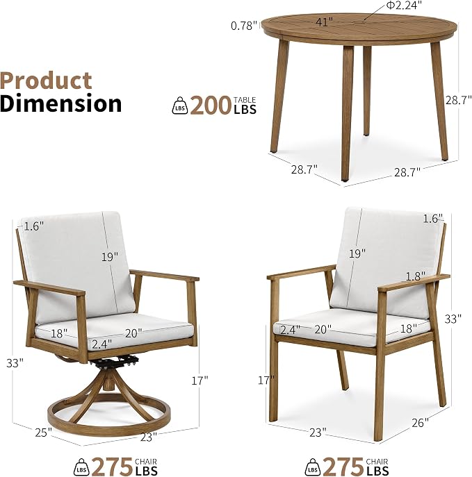 5-Piece Round Outdoor Dining Table Set, 41" All-Aluminum Round Outdoor Table with 4 Chairs, Rust-Resistant Faux Wood Grain Patio Table with Umbrella Hole for Garden, Backyard, Poolside, Teak