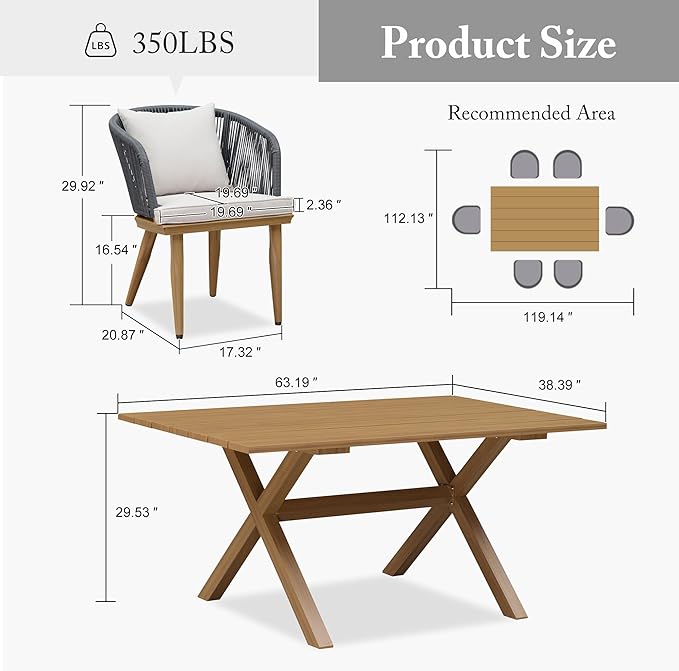 PURPLE LEAF 7 Pieces Patio Dining Set Wicker Outdoor Furniture Rectangular Table and Chairs Set for Garden Deck Teak-Finish Aluminum Frame Backyard Kitchen Set, Cushions and Pillows Included
