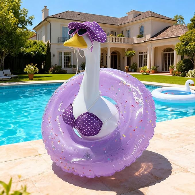 Bikini Porch Goose Outfits,Porch Goose Summer Outfits Swimsuit with Hat Sunglasses & Swim Ring,Fit 23'' Lawn Goose Statue for Summer Outdoor Garden Lawn Yard Decor (Purple)