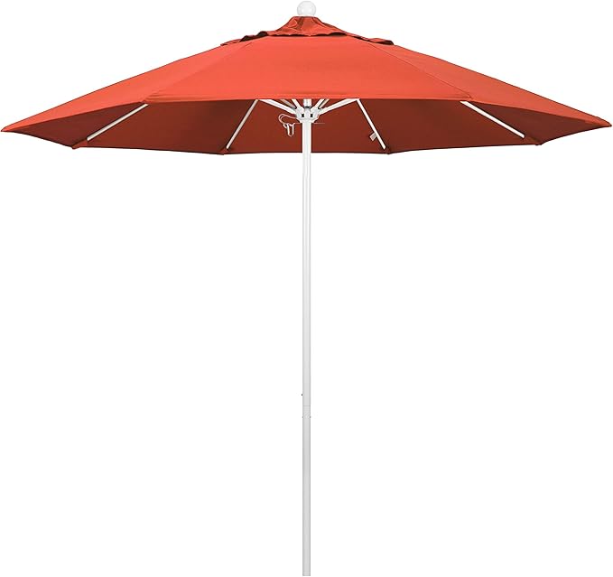 California Umbrella 9' Round Aluminum/Fiberglass Umbrella, Push Open, White Pole, Olefin Sunset Fabric