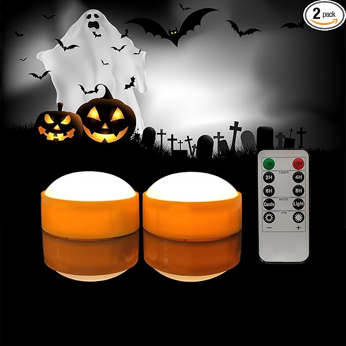 2 PCS Halloween Pumpkin Lights with Remote and Timer Battery Operated LED Bright Flickering Flameless Candle Set Bulk for Jack-O-Lantern Décor Halloween Party Home Spooky Decorations, Orange Color