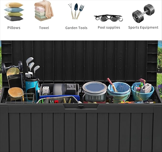 72 Gallon Outdoor Storage Box with Wheels Resin Deck Box for Indoor Outdoor Patio Throw Pillows Athletic Gear Black