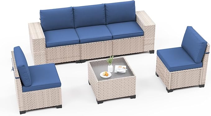 6-Piece Outdoor Patio Furniture Set, Modular Sectional Sofa Set with Glass Coffee Table and Cushions, Wicker Outdoor Couch Conversation Sets, Blue
