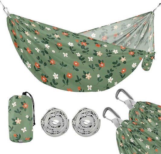 Camping Hammock Outdoor Hammocks for Outside Green Flowers Leaves Beach Trees Portable Lightweight with Pockets Tree Straps Indoor