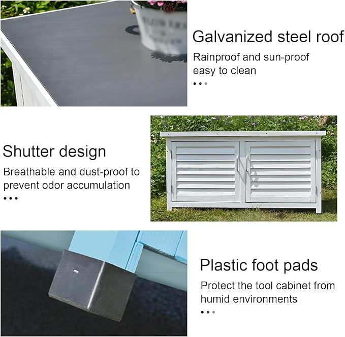 Double Door Outdoor Deck Boxes, Solid Wood+Metal Patio Storage Box, Garden Box with Plastic Foot for Balcony, Patio