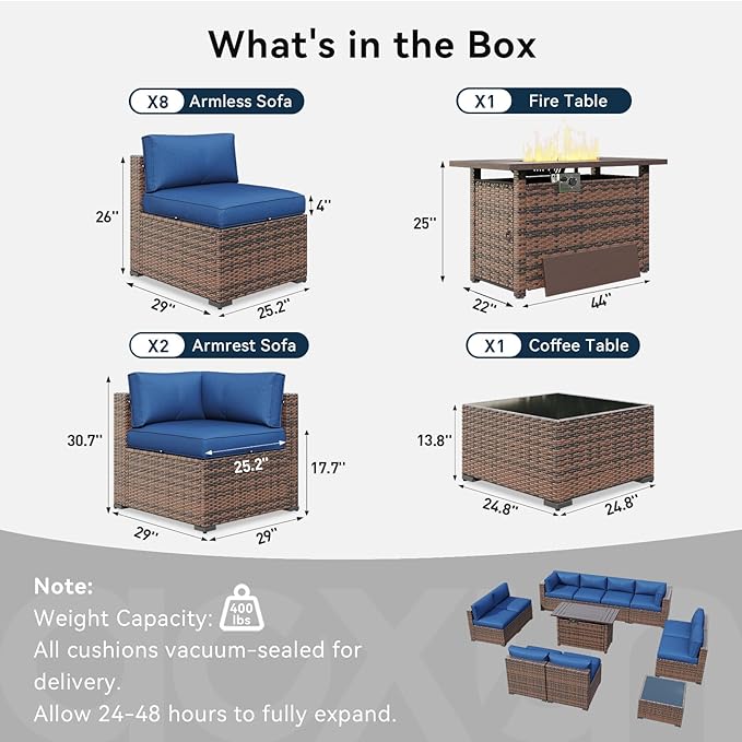 LazySunsets 12 Piece Outdoor Patio Furniture Set with 44'' Fire Pit Table, Outdoor Patio Furniture Sets with Waterproof Cover and 4'' Cushion, Wicker Rattan Outdoor Conversation Set for Backyard, Blue