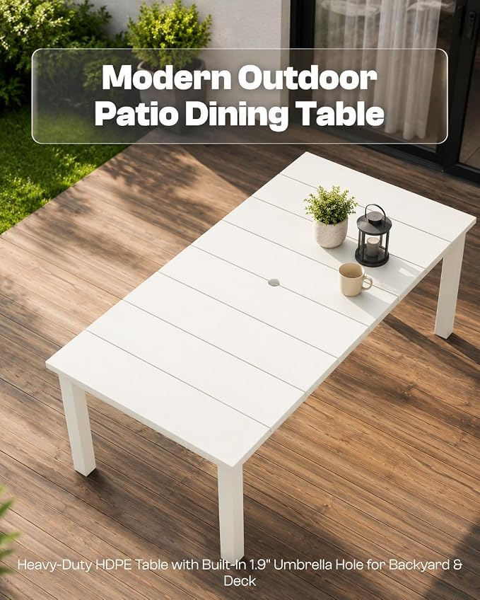 75.2" HDPE Outdoor Dining Table for 4-6 People, Rectangular Patio Dining Table with Umbrella Hole, All Weather Patio Dining Outdoor Table for Deck, Backyard and Garden, White