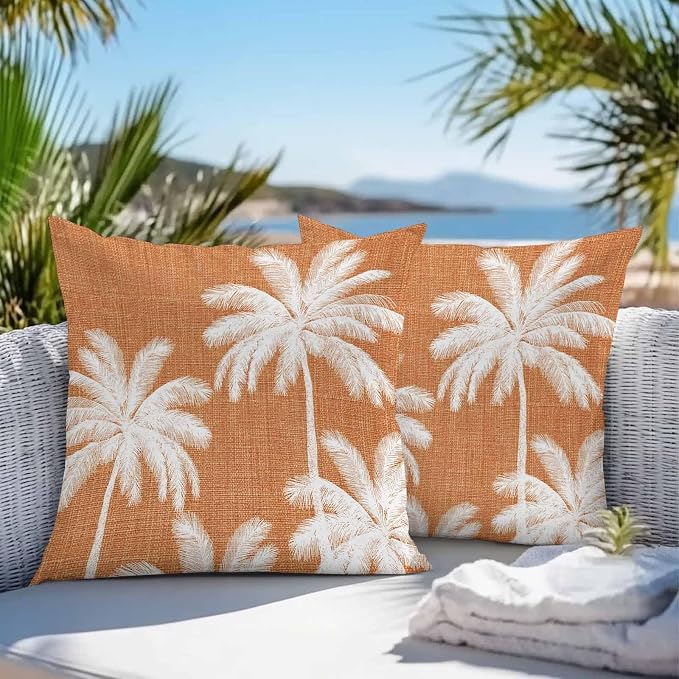 Outdoor Pillow Covers 26x26 Inch Set of 2, Burnt Orange Palm Trees Waterproof Throw Pillow Covers, Farmhouse Tropical Summer Beach Decorative Cushion Pillowcases for Couch, Sofa, Bed, Garden, Patio