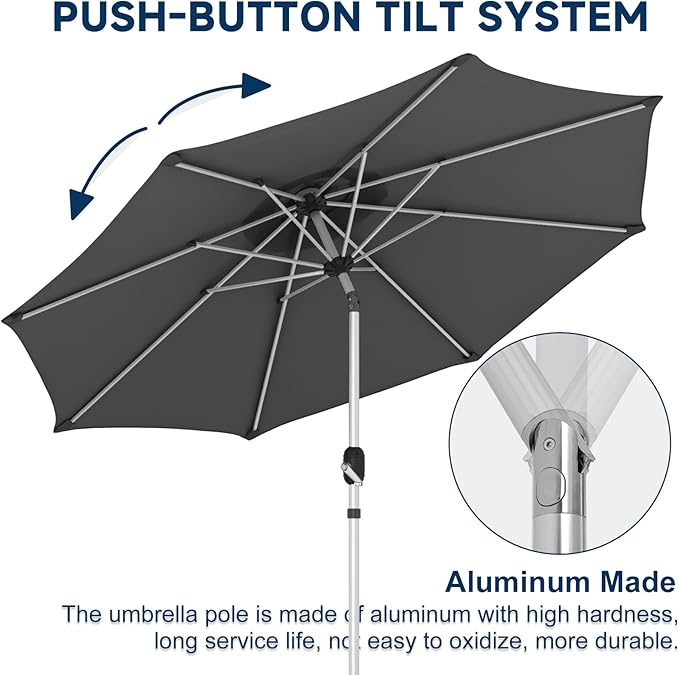 10FT Aluminum Outdoor Patio Umbrella, Fade-Resistant Market Umbrella with Push Button Tilt Function, 8 Sturdy All-Aluminum Ribs for Gardens, Patios, Backyards & Pools