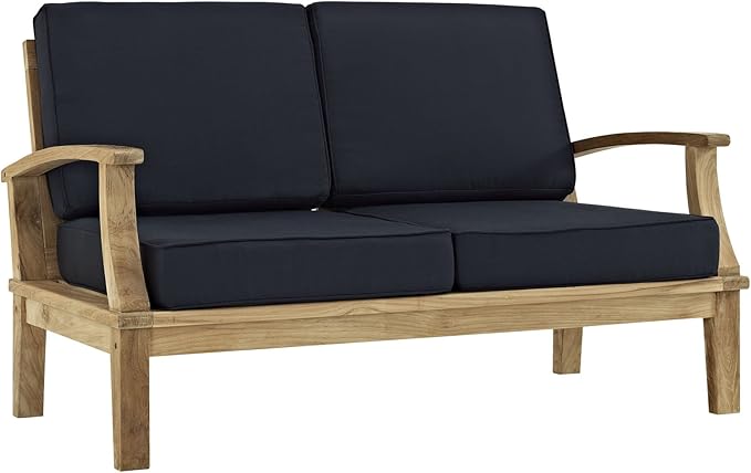 Modway Marina Premium Grade A Teak Wood Outdoor Patio Loveseat and Two Armchairs in Natural Navy