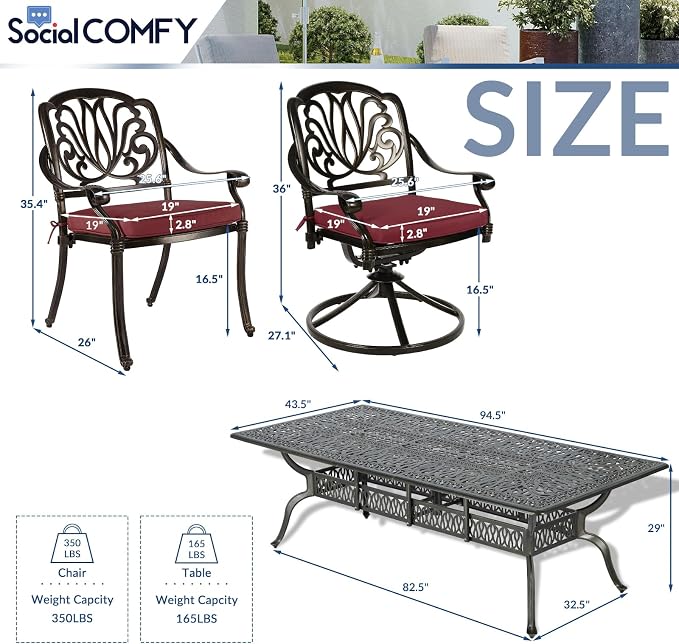 9-Piece Patio Cast Aluminum Dining Set, Outdoor Dining Furniture Set for 8 Person, Includes 94.5" Rectangular Dining Table, 6 Stationary, 2 Swivel Dining Chairs with Umbrella Hole, Red