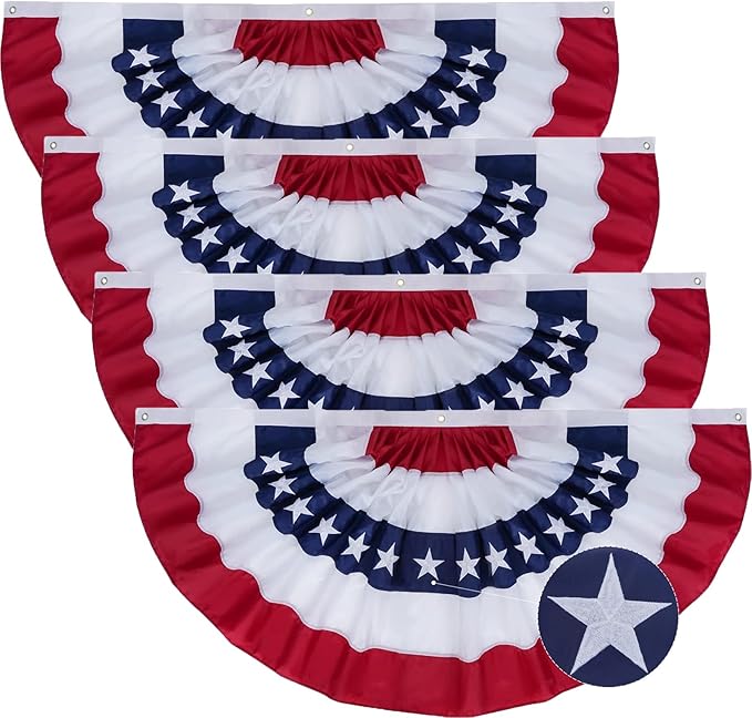 SYII Bunting Flag 1.5x3 Feet Outdoor (4 PCS), Embroidery Stars American US Bunting Flags with 3 Brass Grommets, Patriotic Half Fan Banner for Fourth of July Decor, 4th of july Decorations Outdoor