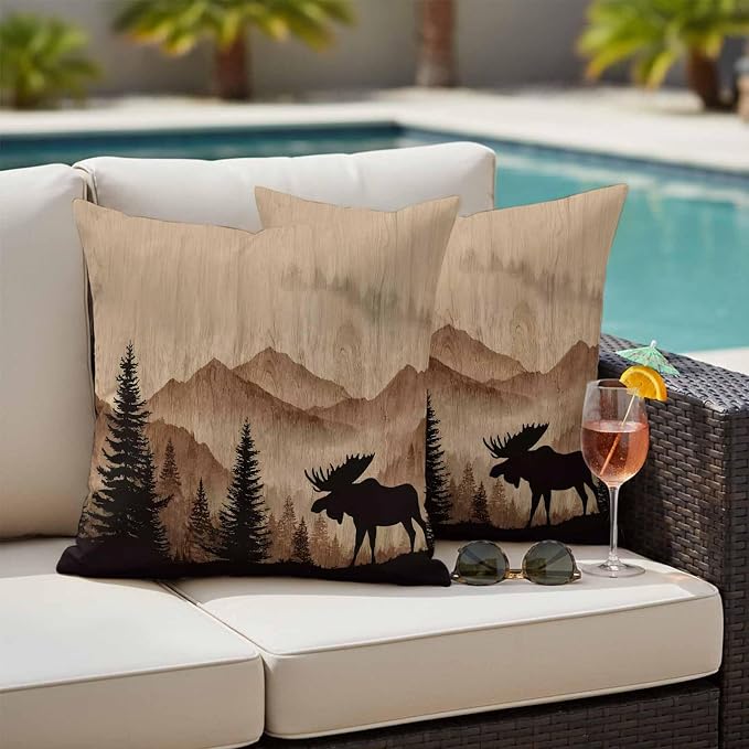 Moose Silhouette Outdoor Pillow Covers 18"x18" Set of 2, Nature Mountain Landscape Waterproof Throw Pillow Covers for Patio Furniture, Decorative Cushion Covers for Porch
