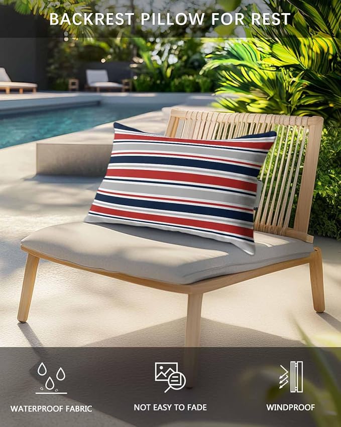 Pack of 2 Outdoor Lumbar Pillow Covers 12x20 Inch, Red Navy Blue Striped Waterproof Throw Pillow Covers Set, Farmhouse Stripes Modern Abstract Art Outside Decorative Cushion Cases for Patio Porch Car