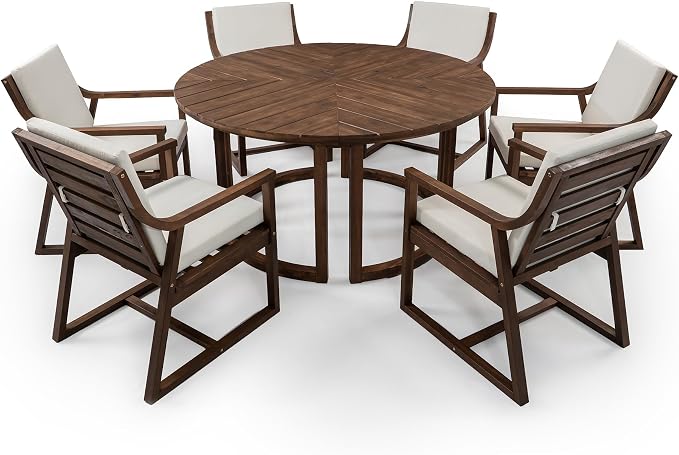 7-Piece Outdoor Dining Set, 59" Round Table with Umbrella Hole and 6 Padded Chairs, Rustic Patio Furniture Set for Garden Backyard Family Gatherings (Mocha-R1)