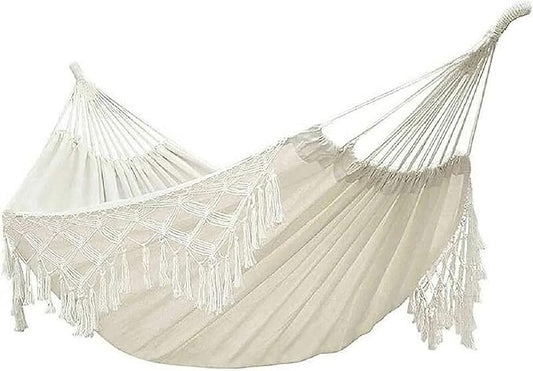 YFUG GO Double Sized Boho Macrame Cream Hammock with Elegant Tassels and Fishtail Knitting 485Lbs Includes Tie Ropes and White Drawstring Bag for Women