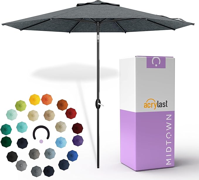 Midtown Umbrellas – The Lean 8 Ft Patio Umbrella with 10-Year-No-Fade Acrylast Acrylic Fabric, Auto-Tilt and 8 Reinforced Ribs for Deck, Pool, Garden, Hotel & Cafes – Stonecast Grey Canopy, Black Pole