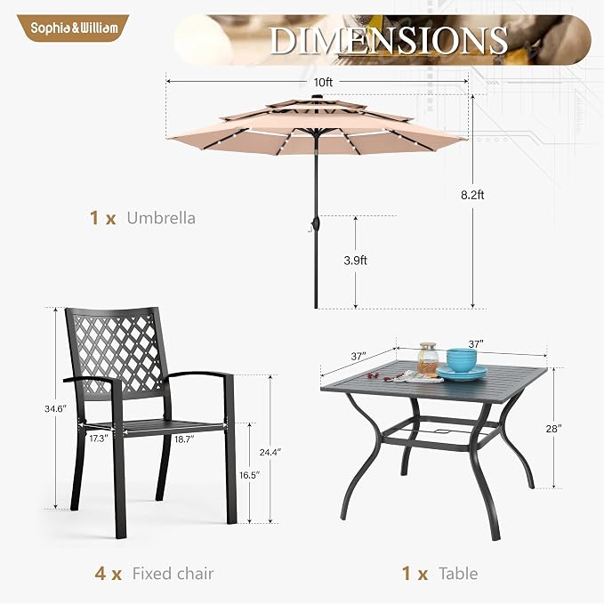 Sophia & William Metal Outdoor Patio Dining Set 6 PCS with 10ft 3 Tier Auto-tilt Umbrella(Beige), 4 x Metal Outdoor Chairs, 1 x Square 37"x 37" Dining Table and 1 Patio Umbrella