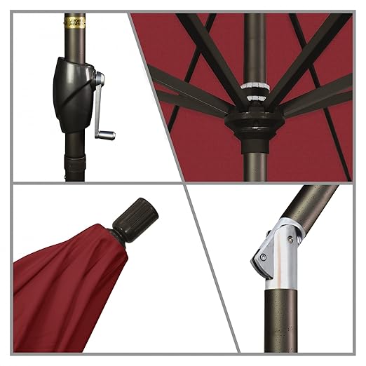 California Umbrella 9' Round Aluminum Patio Umbrella, Crank Lift, Push Button Tilt, Bronze Pole, 4-Year Non-Fading Fabric, Red