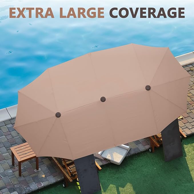 13Ft Large Patio Umbrella with Base Outdoor Double-Sided Market Extra Large Table Umbrella Easy Crank for Yard, Poolside, Deck-Khaki
