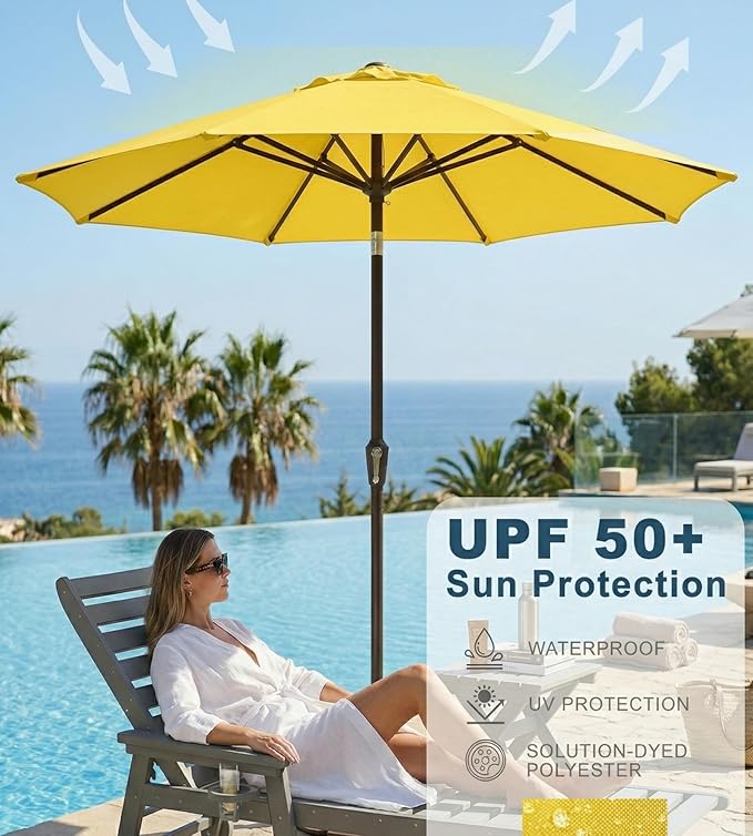 PatioKingdom Auto-Tilt 9FT Patio Umbrella Outdoor with 8 Sturdy Fiberglass Ribs,Market Table Umbrella for Pool,Backyard,Deck and Garden