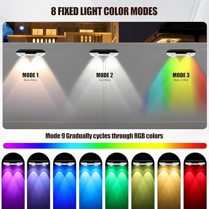Solar Fence Lights Outdoor，8 Pack IP65 Waterproof Fence Lights Solar Powered with Ultra-Bright LED Lens，12+ Hours Steady Glow 9 Color Modes for Outside Patio Step Backyard Railing