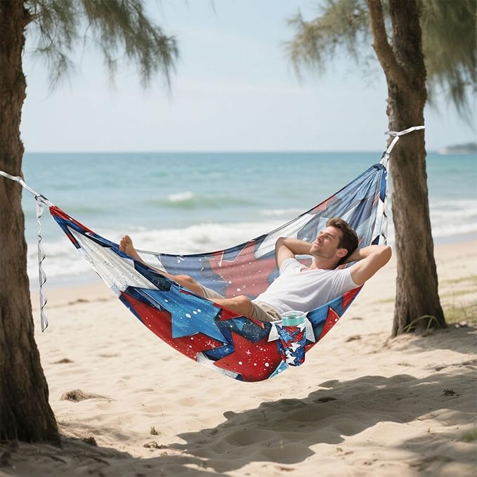 4th of July Independence Day Red and Blue Stars 330lb Capacity Hammocks for Camping with Hanging Rope Indoor Hammock for Outside Beach Patio Garden Base para hamacas para adultos
