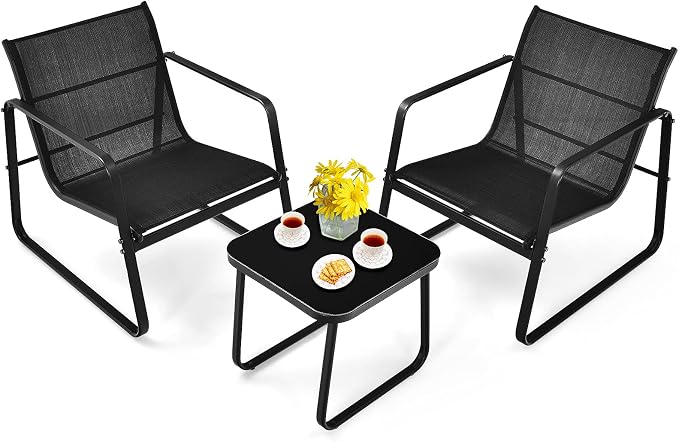 Tangkula 3 Pieces Outdoor Conversation Set, Patiojoy All-Weather Patio Furniture Set with Breathable Fabric and Steel Frame, Bistro Chat Set for Porch, Garden, Backyard (Black)