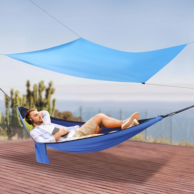 9.5x4.5ft Camping Hammock, Portable Outdoor Hammock Tent with Mosquito Net and Rain Fly Tarp, Backpacking Hammock for Hiking, Outside, Patio, Travel (Blue)