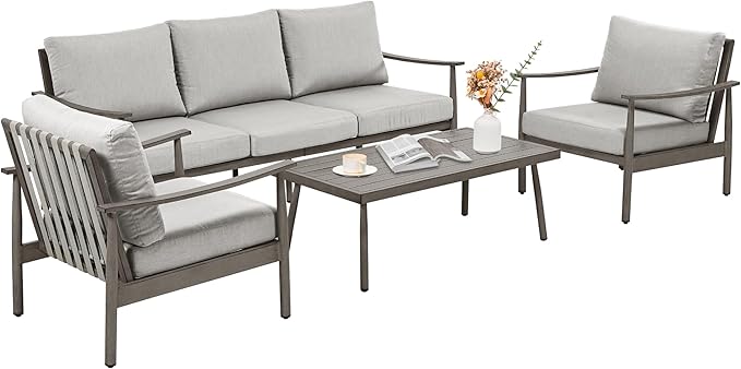 4 Pieces Patio Furniture Set, Aluminum Outdoor Patio Furniture Sets, 2 Armchairs and 3 Seater Couch with Thick Cushion, Patio Conversation Set for Backyard Deck Poolside, Greige & Grey