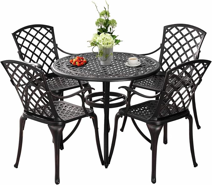 5 Pieces Outdoor Patio Dining Set, 36" Metal Outdoor Dining Set with 1.97" Umbrella Hole, Anti Rust Patio Furniture Set with 4 Chairs and Round Table for Garden, Porch and Poolside, Bronze