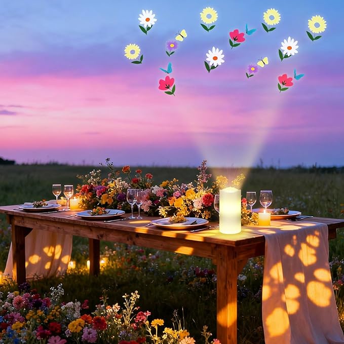 Spring Flower Flameless Candles Projector Wildflower Lights Spring Gift Floral LED Candle Night Light Battery Operated with Remote Timer for Wedding Tea Party Summer Decoration for Home Indoor