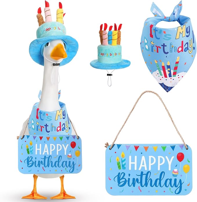 Happy Birthday Porch Goose Outfit Lawn Goose Cloth Costume for 23" Cement Plastic Patio Yard Statue Outdoor(Blue,Triangle Scarf)
