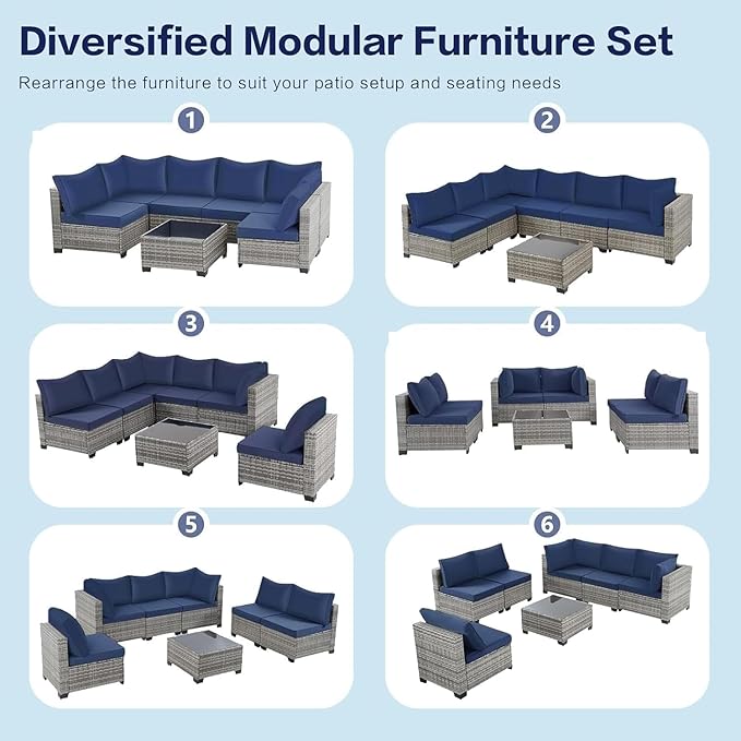Outdoor Patio Furniture 7-Piece Set, Grey Rattan 6-Seater Conversation Set with Navy Blue Cushions, Includes Coffee Table for Garden, Pool, Balcony, Backyard | Waterproof Fabric & Weatherproof Wicker