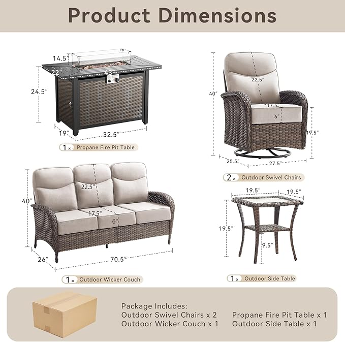 Luxury Patio Furniture Set with 42.5" Fire Pit Table, 6-Inch Thick Cushions Wicker Outdoor Furniture with High Back Swivel Patio Chairs Set of 2, Patio Conversation Set for Deck Garden Porch, Gray