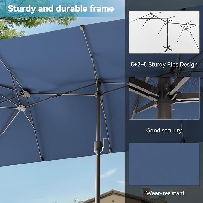 8 PCS Outdoor Patio Dining Set with 13.6ft Double-Sided Patio Umbrella,Patio Table and Chairs Metal Outdoor Patio Furniture Set,Dining Table Set with Swivel Chairs,Navy Blue