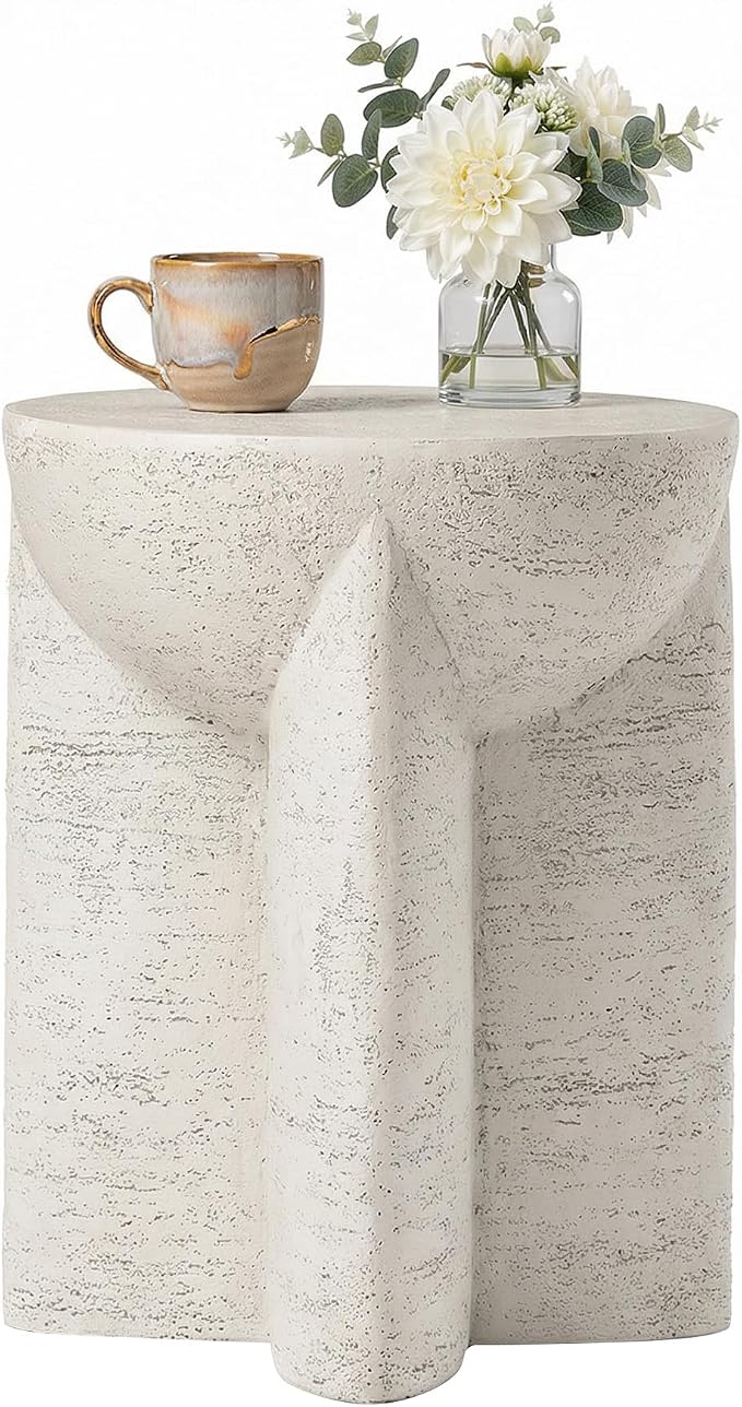 HOMPUS Outdoor Side Table Round, Lightweight Concrete End Table w Corss Base, Patio Accent MgO Coffee Table, Stone Garden Tool for Patio, Porch and Deck, Antique Beige