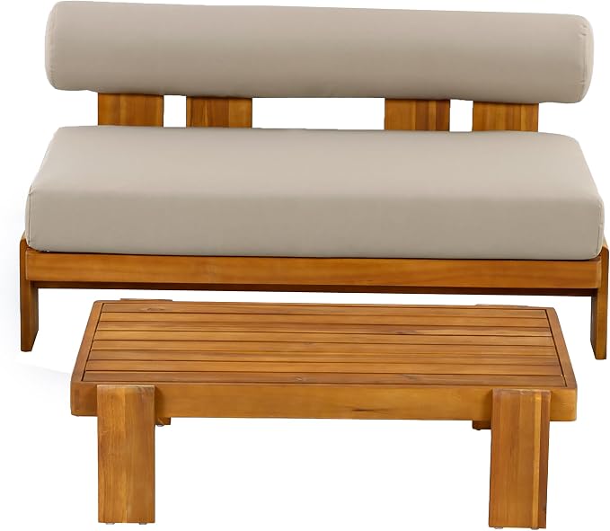Christopher Knight Home Phobo Acacia Wood Outdoor Loveseat and Coffee Table Set, 2 Piece Patio Furniture Set with Cushion, Outdoor Conversation Set with Slatted Design for Backyard, Teak + Light Brown