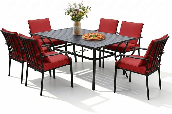 LVUYOYO 7-Piece Outdoor Patio Dining Set, Metal Stackable Chair & Rectangular Table Set, All-Weather Furniture for Backyard, Garden,Balcony,Porch (Red)