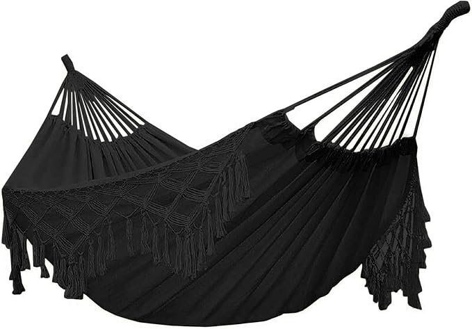 YFUG GO Double Sized Boho Macrame Black Hammock with Elegant Tassels and Fishtail Knitting 485Lbs Includes Tie Ropes and Black Drawstring Bag for Women